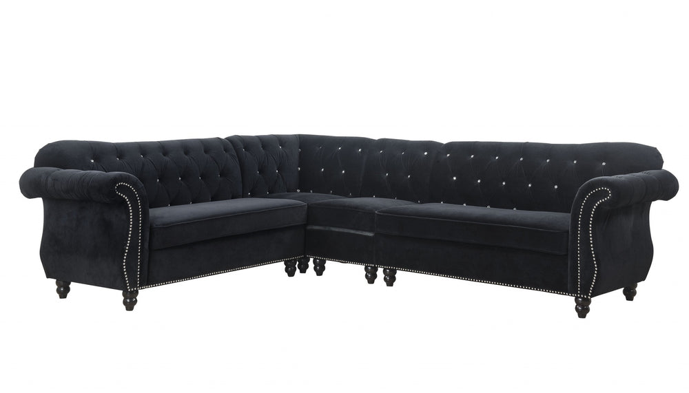 Homeroots 101" X 124" X 37" Black Velvet Upholstery Wood Leg Sectional Sofa   348233