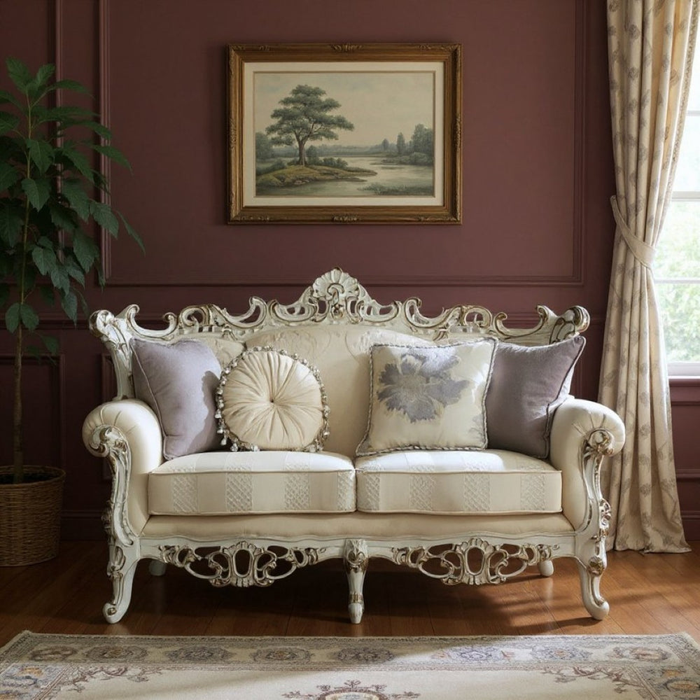HomeRoots 61" Elegant Ivory and Silver Damask Chesterfield Loveseat - Stylish Comfort for Any Space 348235