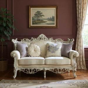 HomeRoots 61" Elegant Ivory and Silver Damask Chesterfield Loveseat - Stylish Comfort for Any Space 348235