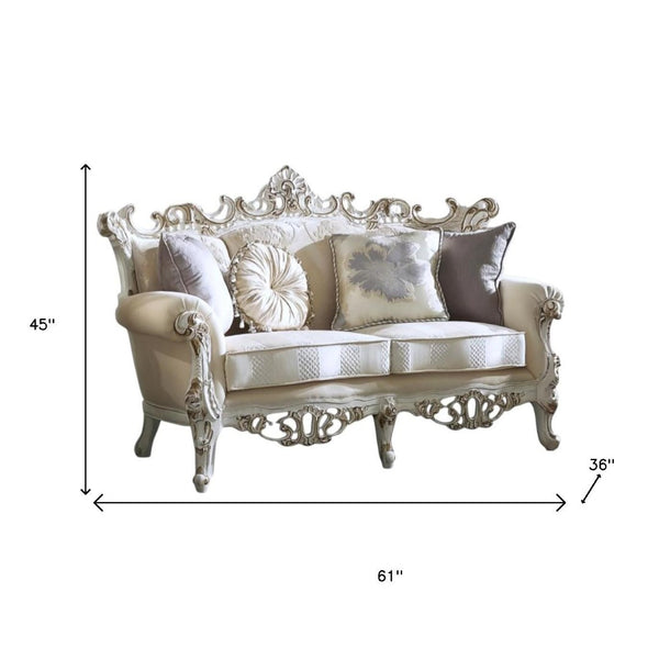 HomeRoots 61" Elegant Ivory and Silver Damask Chesterfield Loveseat - Stylish Comfort for Any Space 348235