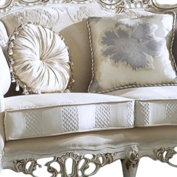 HomeRoots 61" Elegant Ivory and Silver Damask Chesterfield Loveseat - Stylish Comfort for Any Space 348235