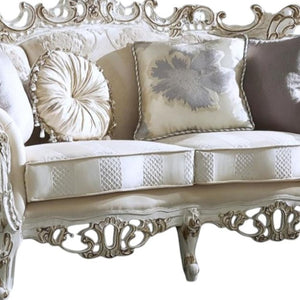 HomeRoots 61" Elegant Ivory and Silver Damask Chesterfield Loveseat - Stylish Comfort for Any Space 348235