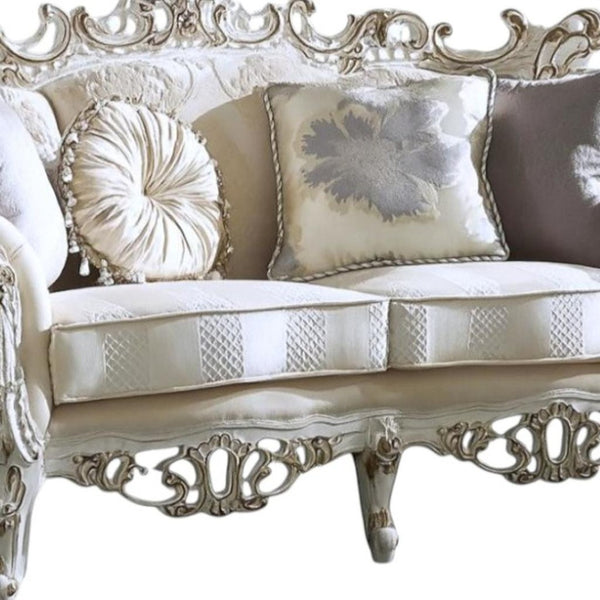HomeRoots 61" Elegant Ivory and Silver Damask Chesterfield Loveseat - Stylish Comfort for Any Space 348235