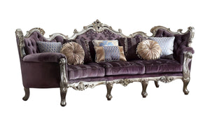 Homeroots 52" Dark Purple Velvet Curved Striped Sofa And Toss Pillows With Platinum Legs   348236