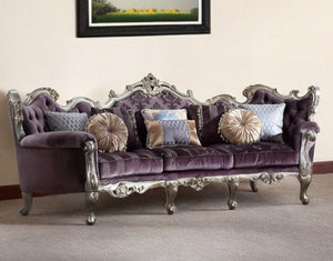 Homeroots 52" Dark Purple Velvet Curved Striped Sofa And Toss Pillows With Platinum Legs   348236