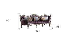 Homeroots 52" Dark Purple Velvet Curved Striped Sofa And Toss Pillows With Platinum Legs   348236