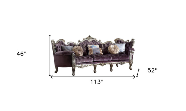 Homeroots 52" Dark Purple Velvet Curved Striped Sofa And Toss Pillows With Platinum Legs   348236