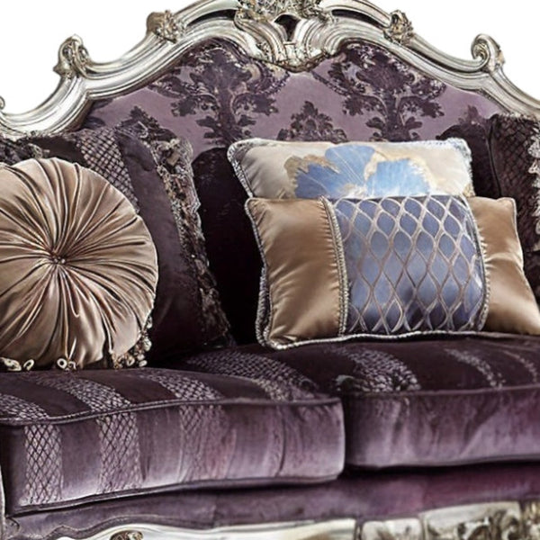 Homeroots 52" Dark Purple Velvet Curved Striped Sofa And Toss Pillows With Platinum Legs   348236