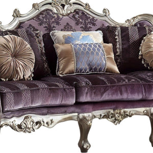 Homeroots 52" Dark Purple Velvet Curved Striped Sofa And Toss Pillows With Platinum Legs   348236