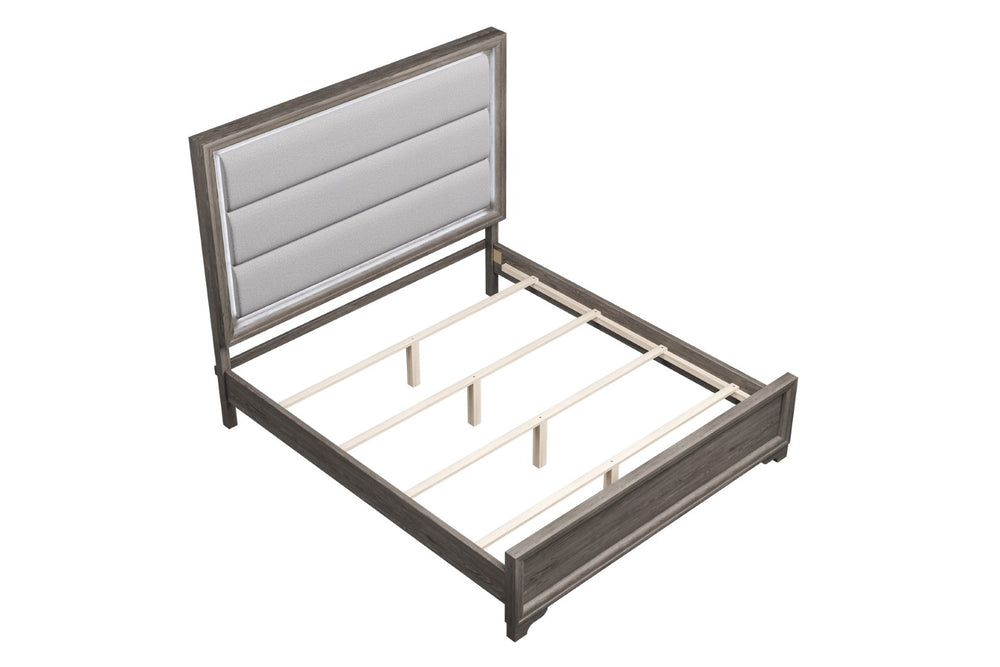 English Elm 1pc Eastern King Burlap Upholstered Bed with Led Headboard and Low Profile Frame B011S02081