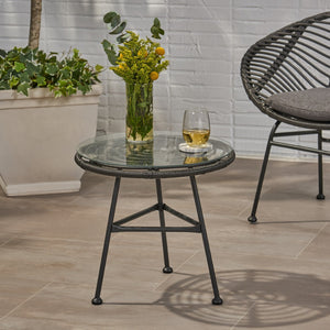 English Elm Orlando Outdoor Faux Rattan Side Table Tempered Glass Top for Deck or Porch 65038.00GRY