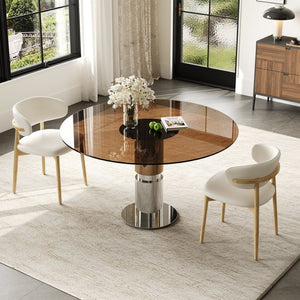 English Elm 35-inch Round Tempered Glass Dining Table with Steel Base for Small Apartments W509S00162