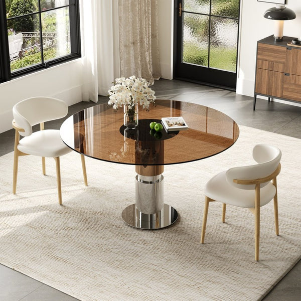 English Elm 35-inch Round Tempered Glass Dining Table with Steel Base for Small Apartments W509S00162