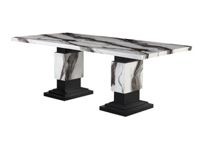 English Elm STACEY Faux Marble Zebra Dining Set in White & Black with Pedestal Base and 4 Upholstered Chairs B201S00326