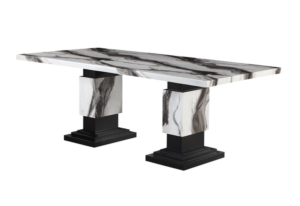 English Elm STACEY Faux Marble Zebra Dining Set in White & Black with Pedestal Base and 4 Upholstered Chairs B201S00326