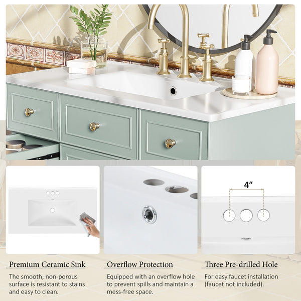 English Elm 36" 36-inch Transitional Bathroom Vanity with Ceramic Basin, Solid Wood Frame, Soft-Close Storage Elegance Green N729P255663G