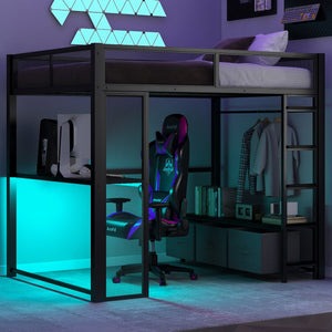English Elm Full Metal Gaming Loft Bed with LED Lighting, Built-In Desk, Open Wardrobe and 3 Drawers for Space-Saving Comfort Black GX001133AAB