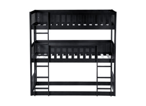 English Elm Twin Triple Rubberwood Bunk Bed with Ladders & Guardrails, Space-Saving Modular Design for Families Black W504S00173