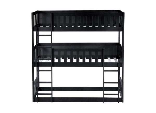 English Elm Twin Triple Rubberwood Bunk Bed with Ladders & Guardrails, Space-Saving Modular Design for Families Black W504S00173