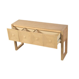 English Elm [video] Art Deco Console Table Geometric Carved Fronts Fluted Legs 3 Soft-close Drawers Light Brown N759P433572T