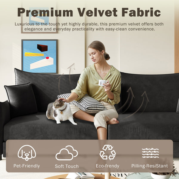 English Elm 81.9" 3-in-1 Convertible Sleeper Sofa Bed with Velvet Upholstery, 3 Pillows & Golden Trim Accent Black W1885S00254