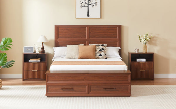 English Elm Queen Storage Bed with Geometric 3d Headboard Four Drawers and Walnut Finish W1820S00045