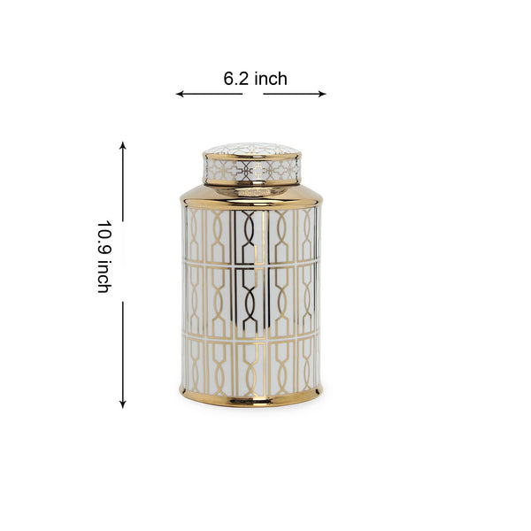 English Elm Elegant White Ceramic Ginger Jar With Gold Geometric Design - Modern Storage & Decor Accent B030P308537