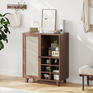 English Elm Rattan Cane Front Sideboard with Drawers Adjustable Shelf Bohemian Storage Cabinet Walnut T3623P434765