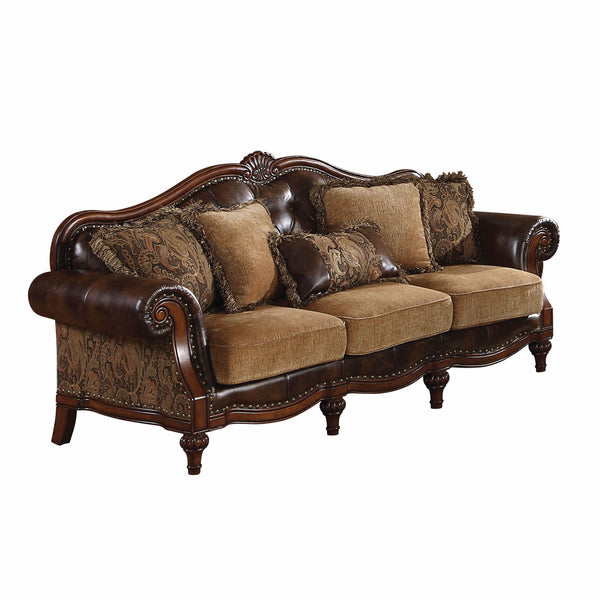 Homeroots 37" Brown Faux Leather And Chenille Sofa And Toss Pillows With Dark Brown Legs   348631