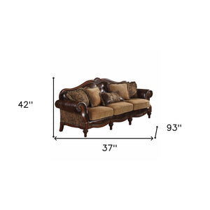 Homeroots 37" Brown Faux Leather And Chenille Sofa And Toss Pillows With Dark Brown Legs   348631