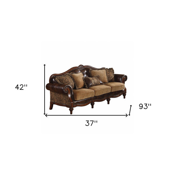 Homeroots 37" Brown Faux Leather And Chenille Sofa And Toss Pillows With Dark Brown Legs   348631
