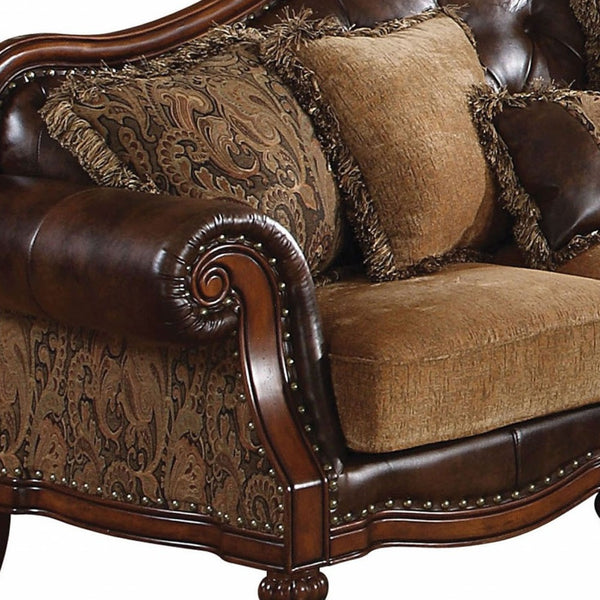 Homeroots 37" Brown Faux Leather And Chenille Sofa And Toss Pillows With Dark Brown Legs   348631