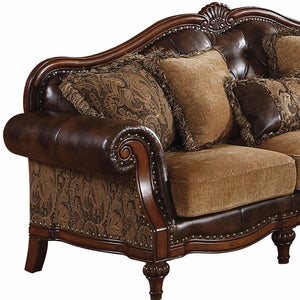 Homeroots 37" Brown Faux Leather And Chenille Sofa And Toss Pillows With Dark Brown Legs   348631
