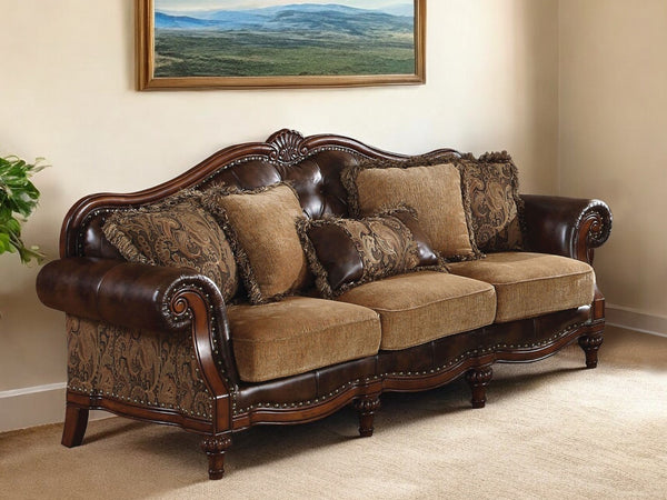 Homeroots 37" Brown Faux Leather And Chenille Sofa And Toss Pillows With Dark Brown Legs   348631