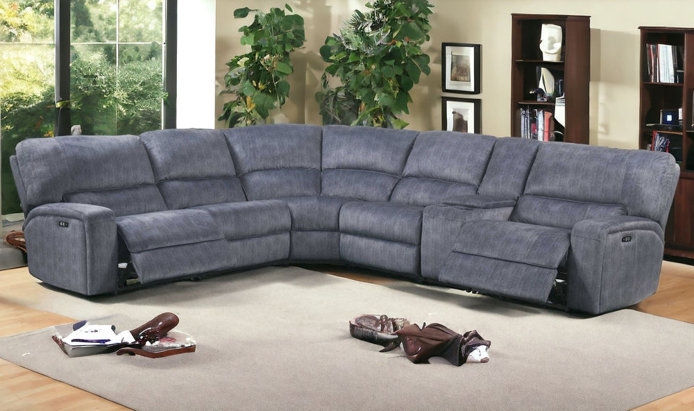 HomeRoots Slate Blue Velvet Power Reclining L-Shaped Sectional with Console for Ultimate Comfort & Style 348636