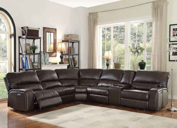Homeroots Espresso Faux Leather Power Reclining L Shaped Six Piece Corner Sectional With Console   348638