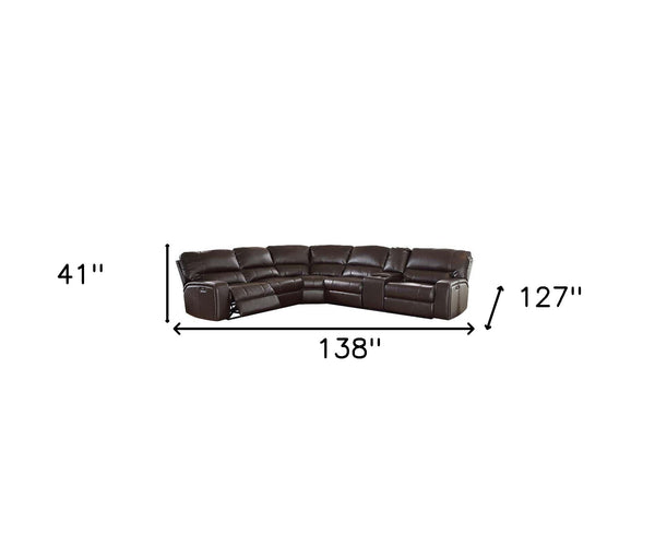 Homeroots Espresso Faux Leather Power Reclining L Shaped Six Piece Corner Sectional With Console   348638