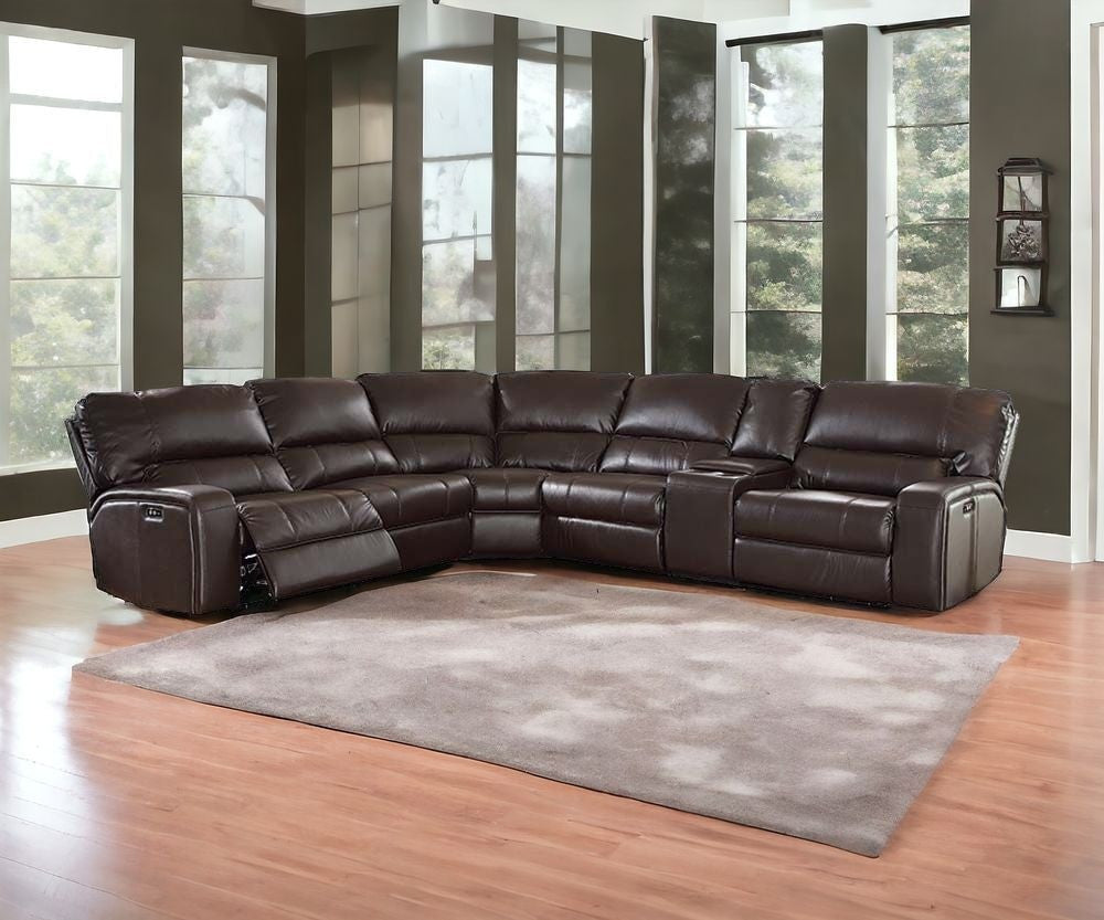 Homeroots Espresso Faux Leather Power Reclining L Shaped Six Piece Corner Sectional With Console   348638