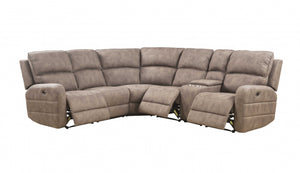 Homeroots Brown Top Grain Leather Power Reclining Curved Six Piece Corner Sectional With Console   348639