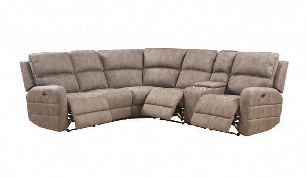 Homeroots Brown Top Grain Leather Power Reclining Curved Six Piece Corner Sectional With Console   348639