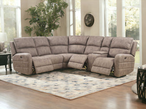 Homeroots Brown Top Grain Leather Power Reclining Curved Six Piece Corner Sectional With Console   348639
