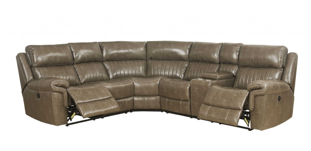 HomeRoots Taupe Leather Power Reclining Sectional Sofa Set with Console - Comfort, Style & Versatility! 348640