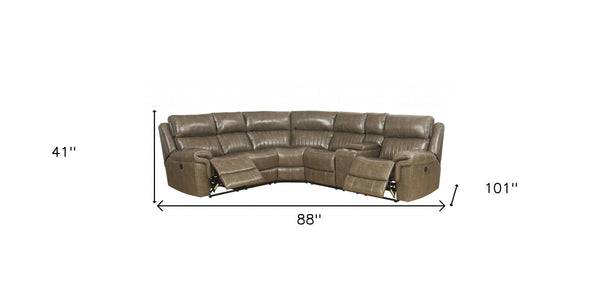 Homeroots Taupe Leather Power Reclining L Shaped Six Piece Corner Sectional With Console   348640