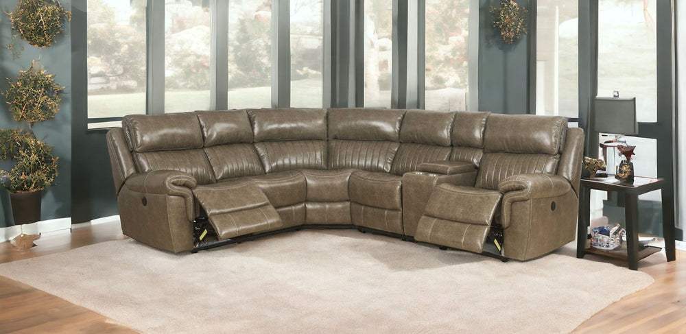 HomeRoots Taupe Leather Power Reclining Sectional Sofa Set with Console - Comfort, Style & Versatility! 348640