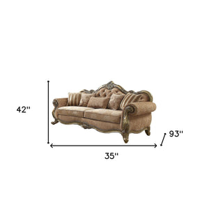 Homeroots 35" Brown Velvet Floral Sofa And Toss Pillows Fabric & Vintage Oak  348642