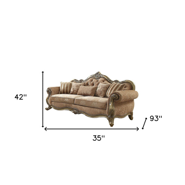 Homeroots 35" Brown Velvet Floral Sofa And Toss Pillows Fabric & Vintage Oak  348642