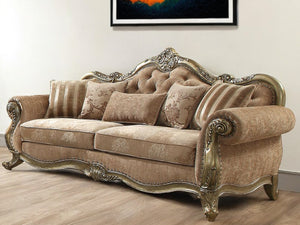 Homeroots 35" Brown Velvet Floral Sofa And Toss Pillows Fabric & Vintage Oak  348642