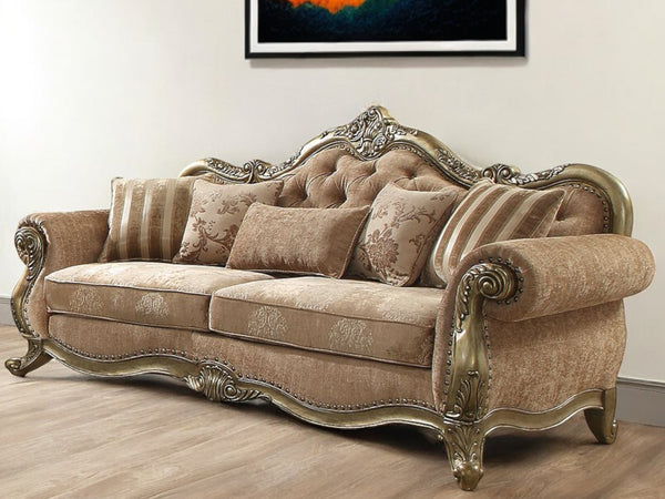 Homeroots 35" Brown Velvet Floral Sofa And Toss Pillows Fabric & Vintage Oak  348642