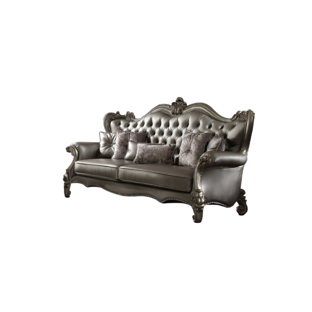 Homeroots 46" Platinum Faux Leather Curved Sofa And Toss Pillows   348644