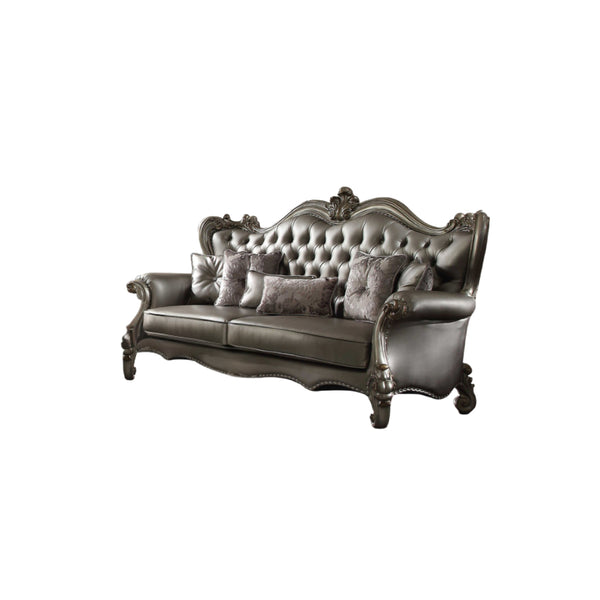 Homeroots 46" Platinum Faux Leather Curved Sofa And Toss Pillows   348644